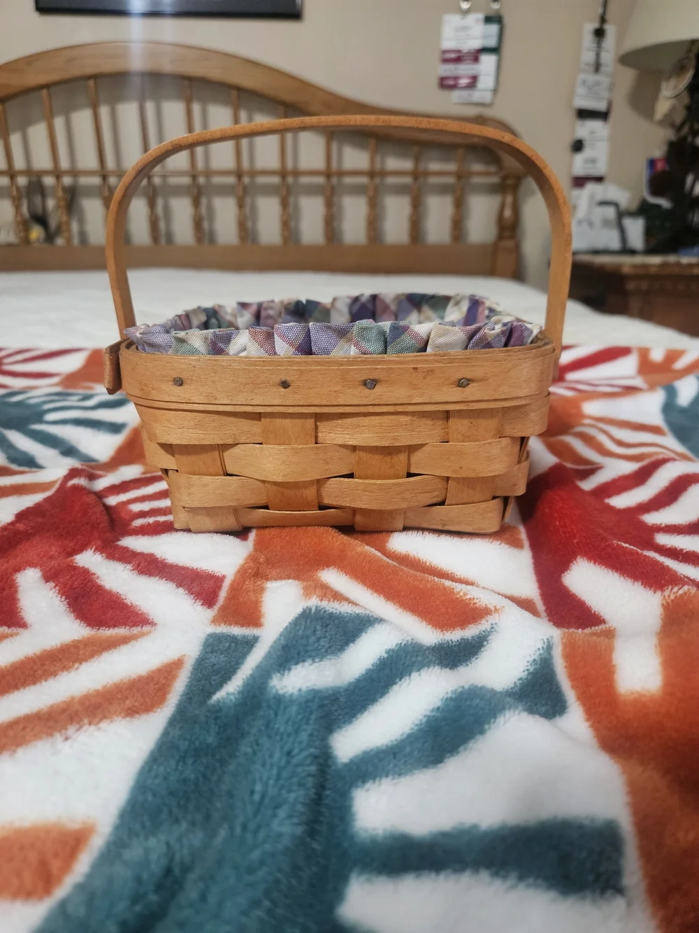 Longaberger Brown Wood Basket with Blue-Green Plaid Liner